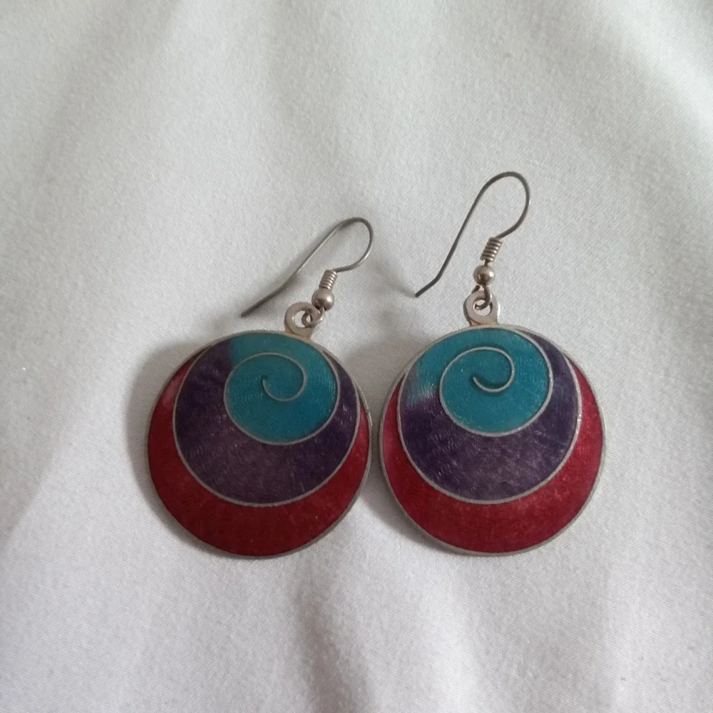 Vintage Enamel Swirl Drop Earrings Red Purple Turquoise Silver Tone Boho Round
